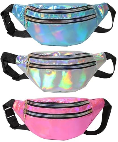 3 Stück Bauchtasche, Verstellbarer Hüfttasche Reflektierender, Gürteltasche Damen Holografisch, Bunt PU Leder Umhängetaschen für Mädchen Outdoor Wandern Reisen Party Festival
