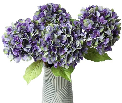 mizii Künstliche Hortensien, große Hortensien, aus Seide, mit Blättern, Stielen, realistische künstliche Hortensien, Dekorationen für Hochzeit, Tischdekoration, Vase, Heimdekoration, Violett, 4 Stück