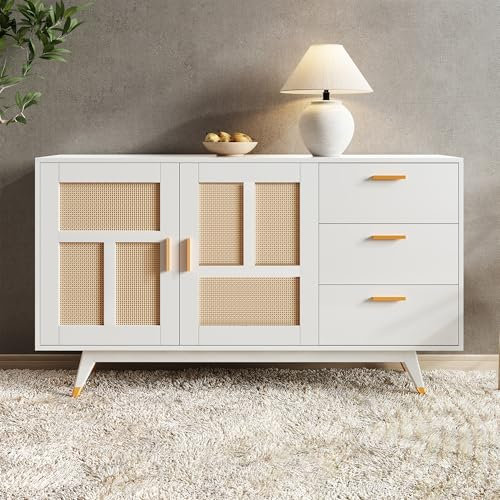 Aurofurz Rattan Kommode mit 3 Schubladen,160 * 40 * 87cm Schrank Multifunktionaler Aufbewahrungsschrank 2 Rattan Türen 3 Schubladen Buffet Gold Dekoration für Esszimmer Wohnzimmer
