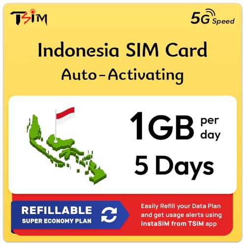 Bali Indonesien Daten-SIM-Karte | 5 Tage, 1 GB/Tag | Automatische Aktivierung | 5G/4G-Geschwindigkeit | Hotspot erlaubt | Keine Telefonnummer | Nachfüllbarer Tarif über die Insta SIM App