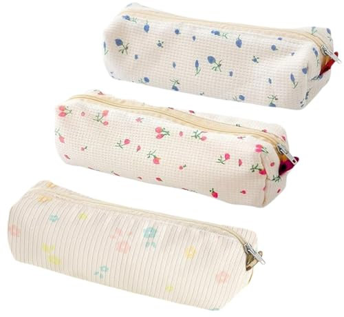 KEYRI 3 Stücke Mäpchen Niedlich Federmäppchen für Schulbedarf Make-up oder Kunstwerkzeuge Stiftemäppchen Federmäppchen Aesthetic für Studenten Mädchen (Rosa Geblümt, Blau Geblümt, Gänseblümchen)