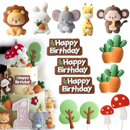 16PCS Jungle Animal Cake Toppers,Animals Happy Birthday Cake Toppers,Jungle Theme Party Decorations,Wild Safari Theme Cake Decorations for Boys Girls Baby Shower Party Supplies