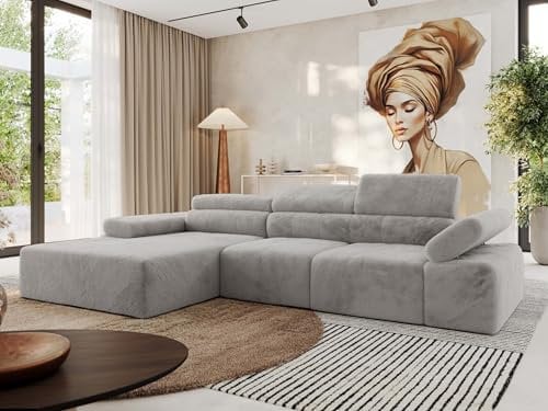 MKS MEBLE Ecksofa mit relaxfunktion elektrisch, Sofa L-Form - Rilasso - Hellgrau Plüsch Links
