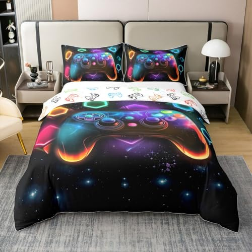 Homewish Gamer Baumwolle Bettwäsche 135x200 Jungen Gaming Bettbezug | Jungen Teenager Farbe Gamepad Bettwäsche-Set Moderne Videospiele Geometrisches Sternenhimmel Spielzimmerdeko 2 Stücke