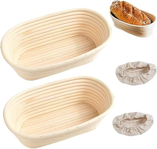 Banneton Bread Proofing Basket, 2Pack 25cm/10Inch Oval Natural Sourdough Proving Basket with Linen Cloth Liner, Rattan Proofing Basket, Sourdough Bread Professional Home Making Tool Kit
