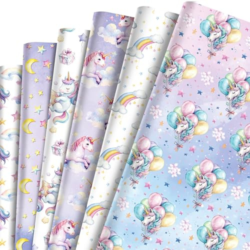 12 Blatt Geschenkpapier Mädchen Einhorn Muster,6-Typen Geschenk Verpackung Einhorn Deko für Hochzeiten Geburtstage Valentinstag Wrapping Paper DIY-Bastelgeschenke,50x68CM