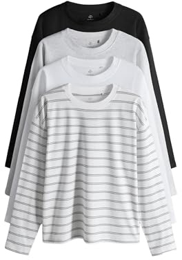 THE SET Damen t Relaxed Fit Langarmshirts, 4er-Pack Schwarz/Grau/Weiß/Streifen L