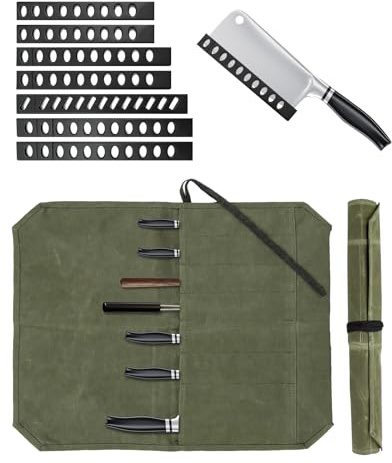SEESUNO 7-Slot Knife Roll Bag for Chefs, Army Green Waxed Canvas Knife Case