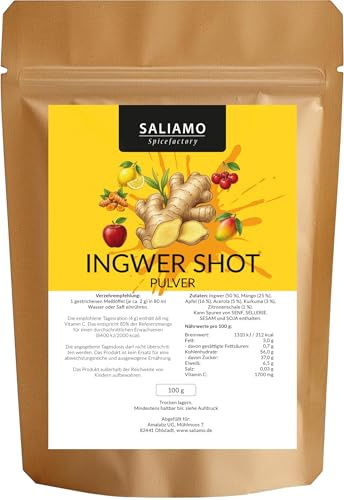 SALIAMO | Ingwer Shot Pulver 100g – Natürlicher Ginger Shot Mix ohne Zuckerzusatz – Vegan & Intensiv Scharf – Zum Anmischen – (Ingwer)