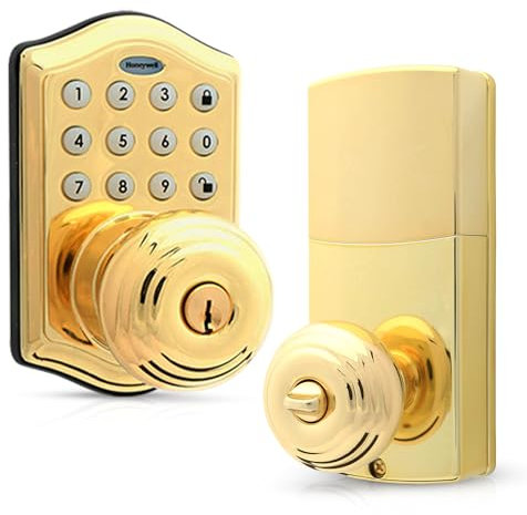 Honeywell Safes & Door Locks - Keyless Entry Smart Electronic Door Knob Lock with Digital Keypad - Auto Lock - 50 Different User Pin Codes - 1 Touch Locking - Polished Brass - 6.5x8.8x9 in - 8732001