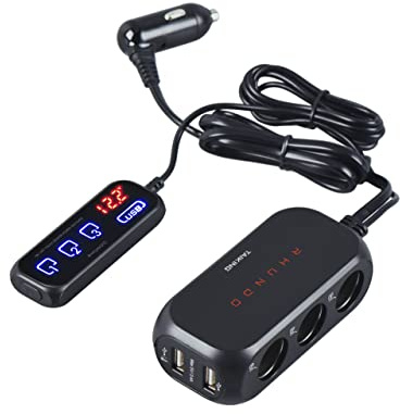 RHUNDO RS-21S 3-Way Car Cigarette Lighter Splitter/Adapter/Charger + 2 USB 3.4Amp, with Remote Touch Sensor Switch and USB Thermometer Cable