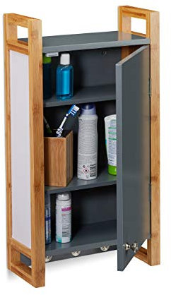 Relaxdays Hängeschrank Bad, Wandschrank mit Bambusrahmen und 3 Haken, Badhängeschrank HBT 58 x 31,5 x 15 cm, dunkelgrau