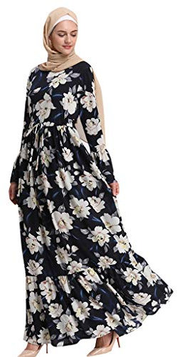 Lazzboy Moslemische Frauen-Lange Maxi-Kleid-Robe Abaya Islamische Blume-Dubai-Strickjacke Ramadan Muslimische Langarm Frauen-langes Maxi-Kleid Kleidung Dubai Patchwork Kleider Muslime(2XL)
