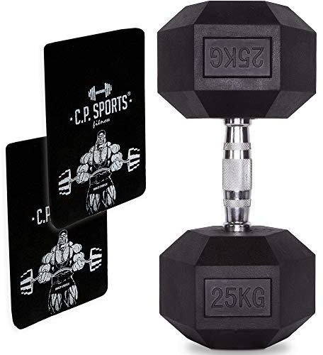 C.P. Sports Hexagon Hanteln gummiert 1-80 kg (Stück) - Dumbbell mit ergonomischen Chrom-Griff, Kurzhantel, Kurzhanteln, Dumbbel, rutschsicher (9 KG - STK.)