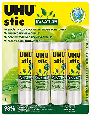 UHU stic ReNature 4x21g naturale con tubetto in bioplastica colla per bambini, sicura da usare per i lavoretti, adatta per la scuola, l'ufficio, l'università