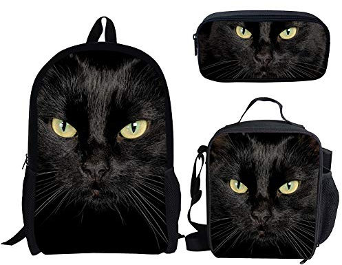 Amzbeauty School Backpack & Lunch Bag Set, Black Cat Print, 3 Pcs for Kids/Girls, 17.3 inch