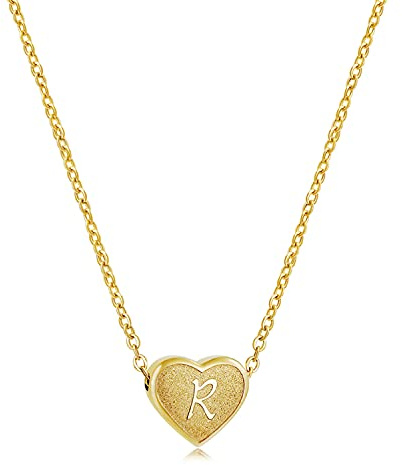 CHENGMEN Initial Necklace Alphabet Letter R Engraved Tiny Cute Matte Heart Pendant White Gold Plated Stainless Steel Gold Necklaces Unique Jewellery for Women Girls