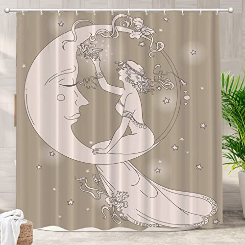 Batmerry Jugendstil Mond Dekorativer Duschvorhang, Jugendstil Poster Design Duschvorhang Niedlich Lang Breit Duschvorhang mit Rostfreien ÖSen für Badezimmer Bauernhaus Badewanne Wasserdicht Waschbar