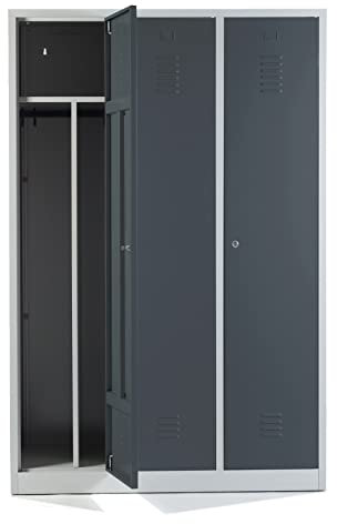 Schrank & Stuhl Spind – Metallspind mit 3 Abteilen in 180 x 120 x 50 cm, inkl. Hutboden, Trennwand und Zylinderschlössern, Lieferung komplett montiert, Grau/Anthrazit