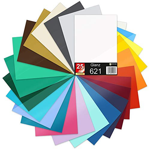 25 x Din A4 Bögen Plotterfolie 621/631 Selbstklebende Folie im Set Vinyl zum Plotten DIY Bastelfolie Sticker Beschriftung Aufkleber 29,7x21cm (Bunt glanz, 25er Set)