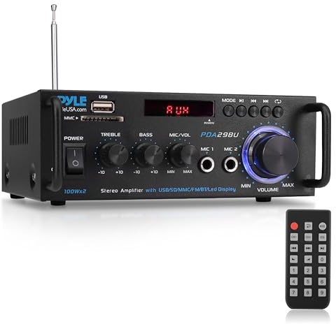 Pyle 200W Wireless Bluetooth Stereo Power Amplifier - 2-Channel Audio Receiver with RCA - USB - SD - MIC IN - FM Radio - Remote Control - AUX Input for Home Theater & Studio Use - PDA29BU.6