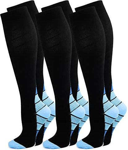 3 Paia di Calze a Compressione Graduata per Uomo E Donna, per Sport, Running, Corsa, Escursioni, Ciclismo, Giri in Bici, Sportive, Gravidanza, Viaggi in Aereo (L, Blu)