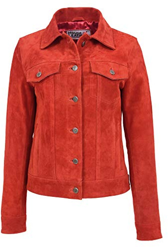 Womens Real Suede Trucker Jacket Western Style Alma (10, Red)