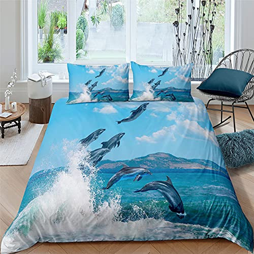 FANSU Bettwäsche Set, Bettbezug mit Reißverschluss und Kissenbezüge 3 Teilig Weiche Bequem Mikrofaser Bettwäsche-Sets für Kinder und Erwachsene - 3D Ozean Delphin (Fliegender Delfin,135x200cm)