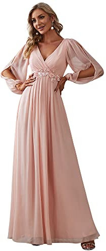 Ever-Pretty Robe de Soirée Grande Taille Femme Longue Manche Longue Col V en Mousseline Applique Plissé Rose 46