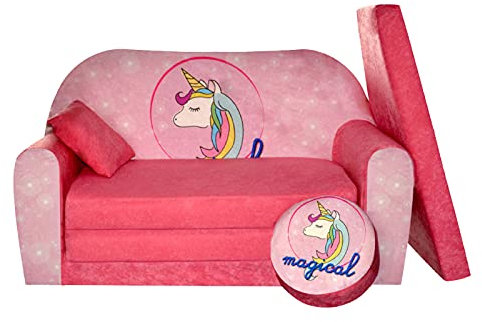 FORTISLINE - Kindersofa ausklappbar 100x60x50 cm - Kindersofa für Kinder 2in1 - Kindercouch ausklappbar - 2-Sitzer - Schlafcouch aus Schaumstoff + Hocker + Kissen - Viele Motive