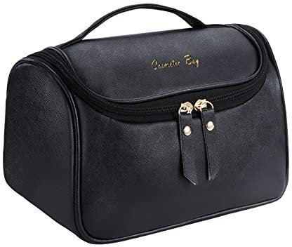 Trousse de Maquillage de Voyage Sac à Cosmétiques Grande Capacité Trousse de Toilette Étanche Portable Faux Cuir Makeup Étui de Rangement pour Femmes Et Filles Noir