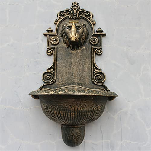 XXXXW Wandbrunnen Europäische Hausgarten-Dekor Antique Gold Gusseisen Wandmontierte ovale Handspüle mit geprägten Löwen Gesicht Muster um Wassereinlass Außenwaschbecken