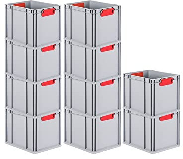 PROREGAL SuperSparSet 10x Eurobox NextGen Color | HxBxT 32x30x40cm | 30 Liter | Griffe rot geschlossen | Glatter Boden | Eurobehälter, Transportbox, Transportbehälter, Stapelbehälter