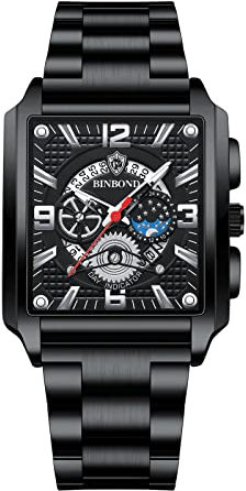 JewelryWe Armbanduhr Herren Datum Kalender 30M Wasserdicht Rechteckige Analog Quarz Uhr Herrenuhr mit Edelstahl Armband und Leuchtend Zeiger, Schwarz