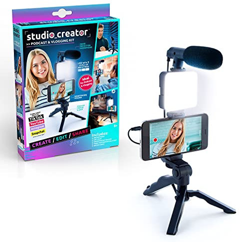 Studio Creator Podcast Age 8+ and Vlogging Kit, Phone Holder, LED Light, Microphone + Tripod, Create Content On The Go, Age 6+, White