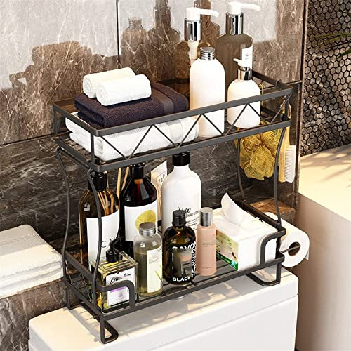 Wotendy 2 Capas Estante De Almacenamiento sobre El Inodoro, Estante para Tanque De Inodoro De BañO con Soporte De Papel, Organizador De Suministros De Ducha (Negro)