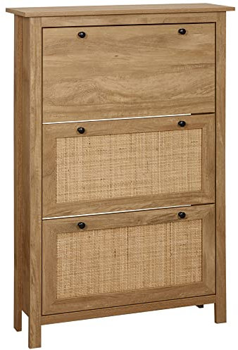 HOMCOM Meuble chaussure entrée, armoire à chaussures avec 3 tiroirs à portes abattants effet cannage rotin et étagère réglable, meuble d'entrée et couloir 18 paires - 80 x 23,5 x 121,5 cm bois naturel