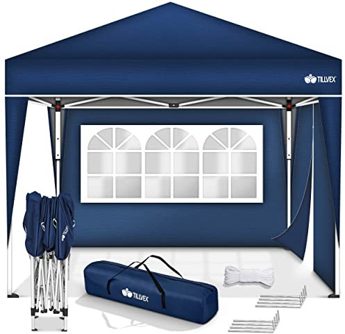 tillvex Gazebo Plegable Cenador 3x3m Impermeable | Pabellon de Jardin Pop-up Regulable en Altura | Carpa de jardín protección UV 50+ | Cenador de Fiesta con Bolsa (Azul - con 2 Paredes)