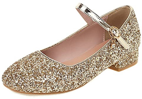 Lroey Reoly Damen Blockieren Ferse Mary Jane Schuhe, Niedrige Fersenpumpe Runde Zehen Schnalle Dancing Boots Pailletten Komfort Pdjdyg Gold Gr 42 EU