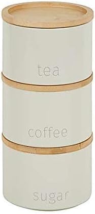 DEENZ Stackable Tea Coffee Sugar Storage Jars 3Pk Round Food Canisters Ceramic Great Storing Beans Matte Finish And Wooden Airtight Lids Storage Jars (Cream 141)