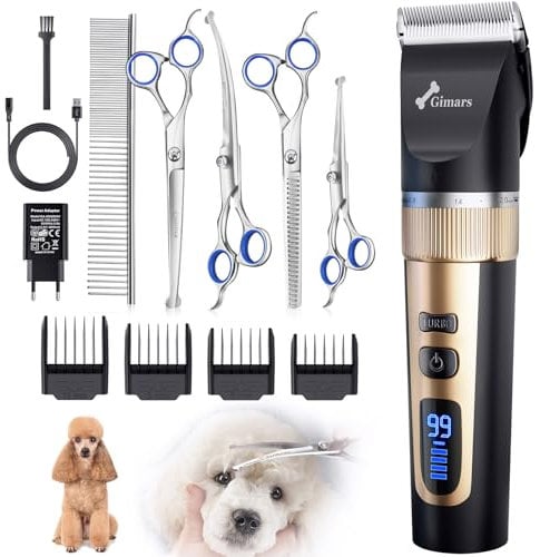 Gimars 6-in-1 Hundeschermaschine mit Profi Scheren-Set, 7000 U/min Leise Hunde Schermaschinen, Aufladbarer Kabellose Hundehaarschneidemaschine, Tierhaarschneidemaschine Hunderasierer für dichtes Fell