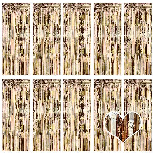 10 Pack Champagne Gold Foil Fringe Curtain Backdrop, 3.2ft x 8.2ft Metallic Tinsel Foil Fringe Curtains, Tinsel Backdrop Streamers for Birthday Party Decoration Christmas Decoration (Champagne Gold)