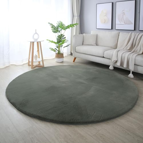 Carpetsale24 Rabbit Hochflor Teppich Rund 120 cm Grün Shaggy Modern Flauschig Weich Fellteppich Kunstfell Einfarbig für Schlafzimmer Wohnzimmer Kinderzimmer