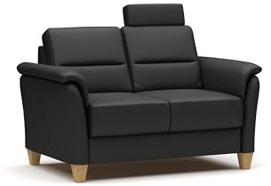 CAVADORE Leder 2er-Sofa Palera / Landhaus-Couch mit Federkern, Kopfstütze + massiven Holzfüßen / 149 x 89 x 89 / Leder Schwarz