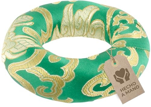 Cojín de cuenco cantor en forma de anillo para la posición segura de su cuenco cantor (hasta Ø 20 cm) y más sonido, artesanía tradicional, verde-dorado