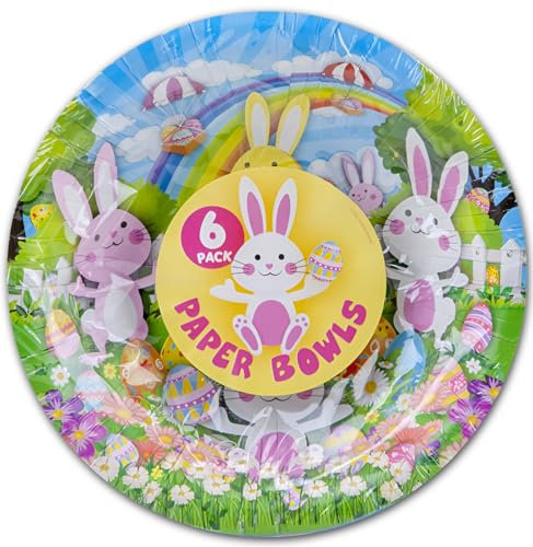 Quickdraw 6 x Easter Paper Bowls 15cm Cute Bunnies & Eggs Design Party Tableware for Sweets Snacks & Treats