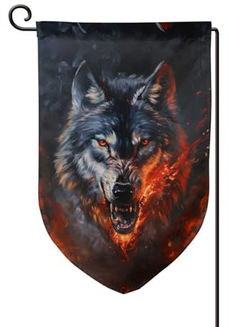 Wolfs- und Feuerhof-Dekoration, Flagge (abgerundete Ecken) – sonnen- und regenbeständiges Polyester, doppellagige Nähte, glatter Stoff, Innen- und Außendekoration