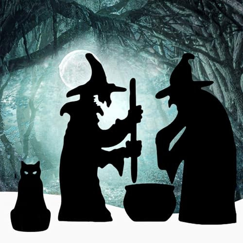 HXUING Halloween Hexen Silhouette, Gartenstecker Hexen Silhouette Hof Schilder Outdoor Garten Halloween Gruselig Schwarz Silhouette, Halloween Deko für Außenbereich Rasen