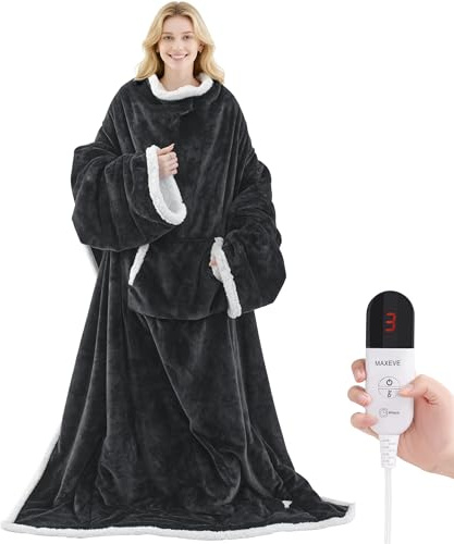 MAXEVE Electric Heated Blanket with Foot Pocket and Sleeves, Heated Blankets, 6 Heating Levels and Auto Shut-Off for 4 Hours, 122 x 180 cm, Machine Washable