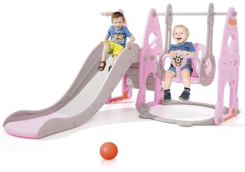 Rutsche Indoor ab 1 2 3 4 5 Jahr, 4-in-1-Kleinkindspielplatz mit Schaukel, Baby Rutsche Kinderzimmer, Gartenrutsche für Kleinkin für drinnen und draußen, Jungen und Mädchen (Rosa)